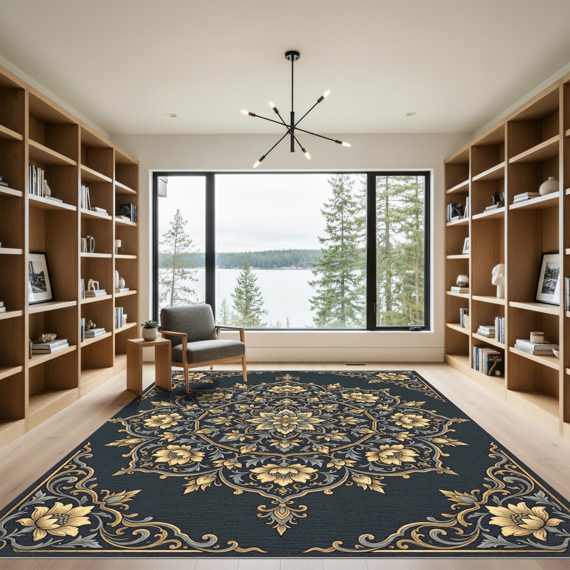 Elegant Golden Floral Mandala Midnight Slate Rug