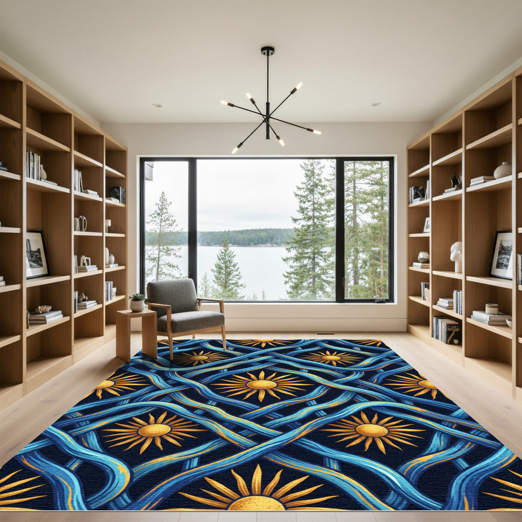 Golden Solar Radiance and Blue Waves Rug