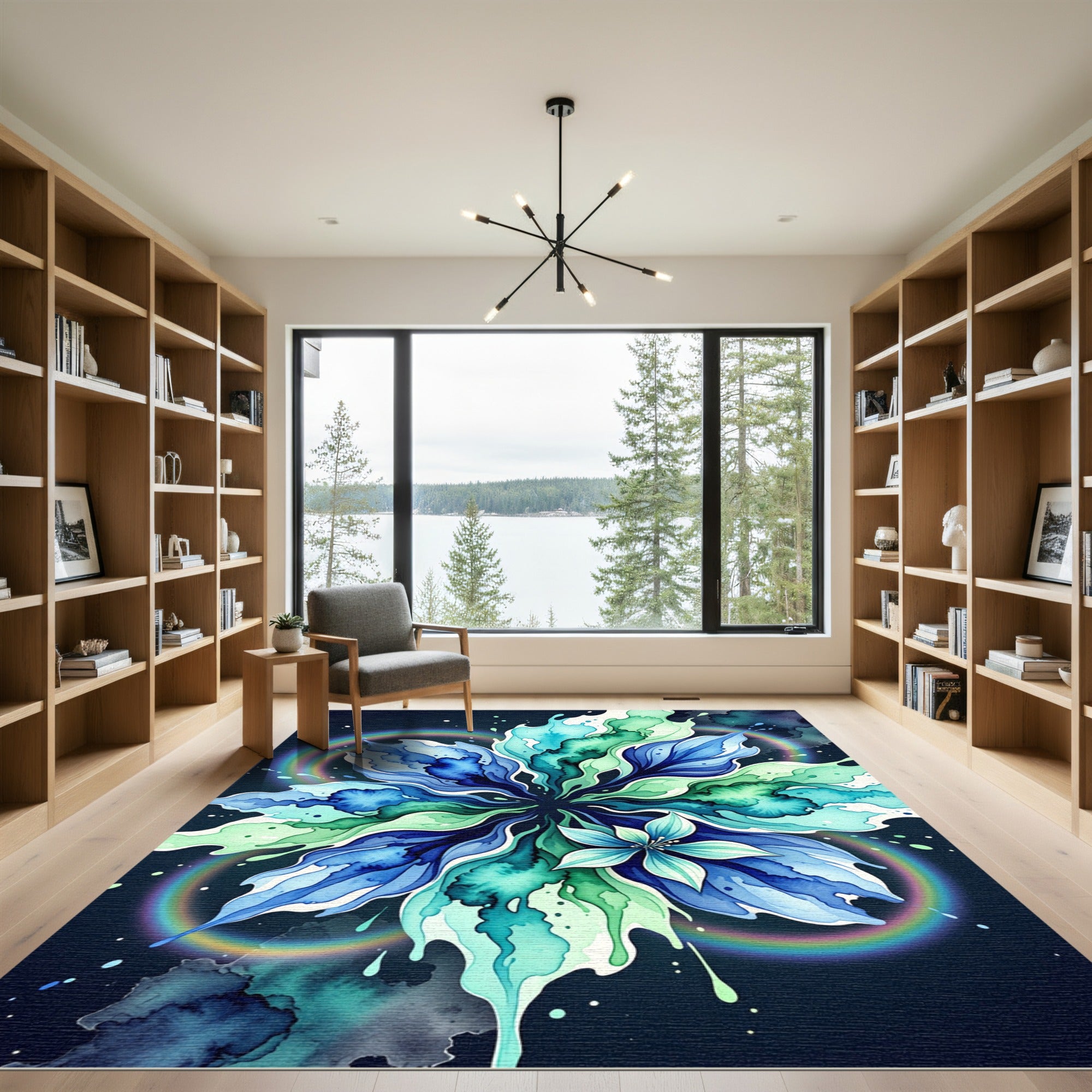 Vibrant Blue Green Watercolor Abstract Floral Rug