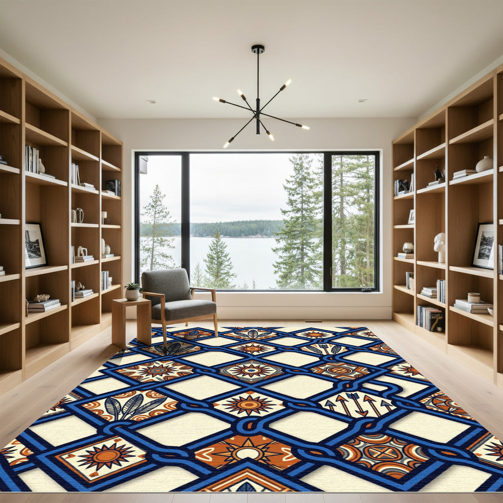 Geometric Navy Blue Sun Feather Lattice Rug