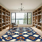 Geometric Navy Blue Sun Feather Lattice Rug