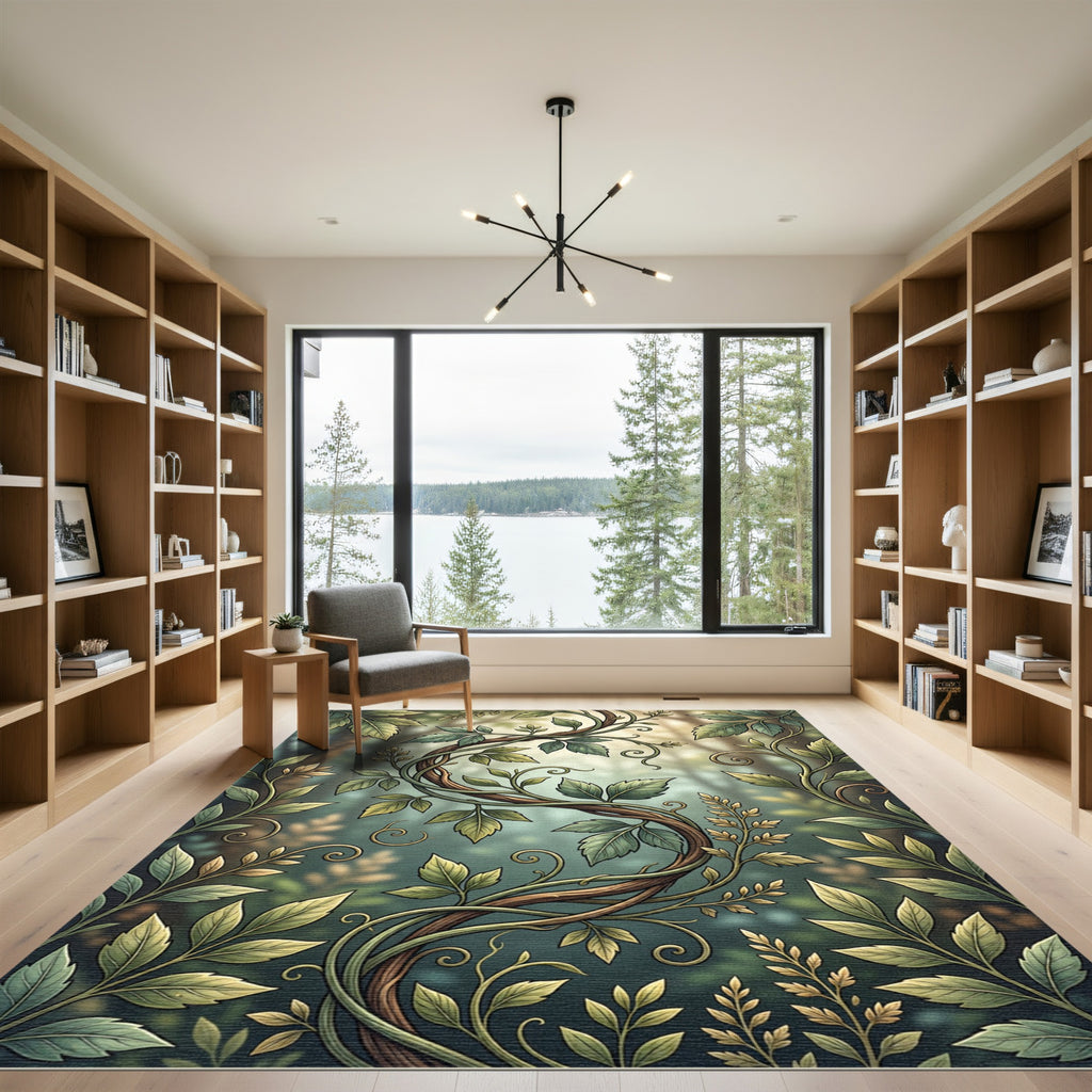 Lush Green Woodland Leaf Vine Rug