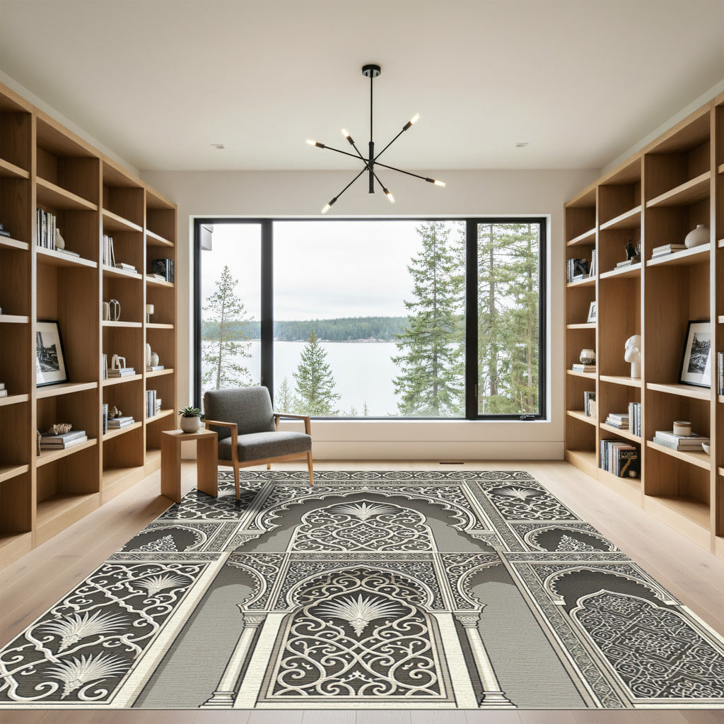 Intricate Gilded Arabesque Arch Scrollwork Rug