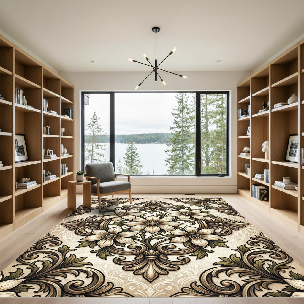Ornate Cream Floral Scrollwork Rug