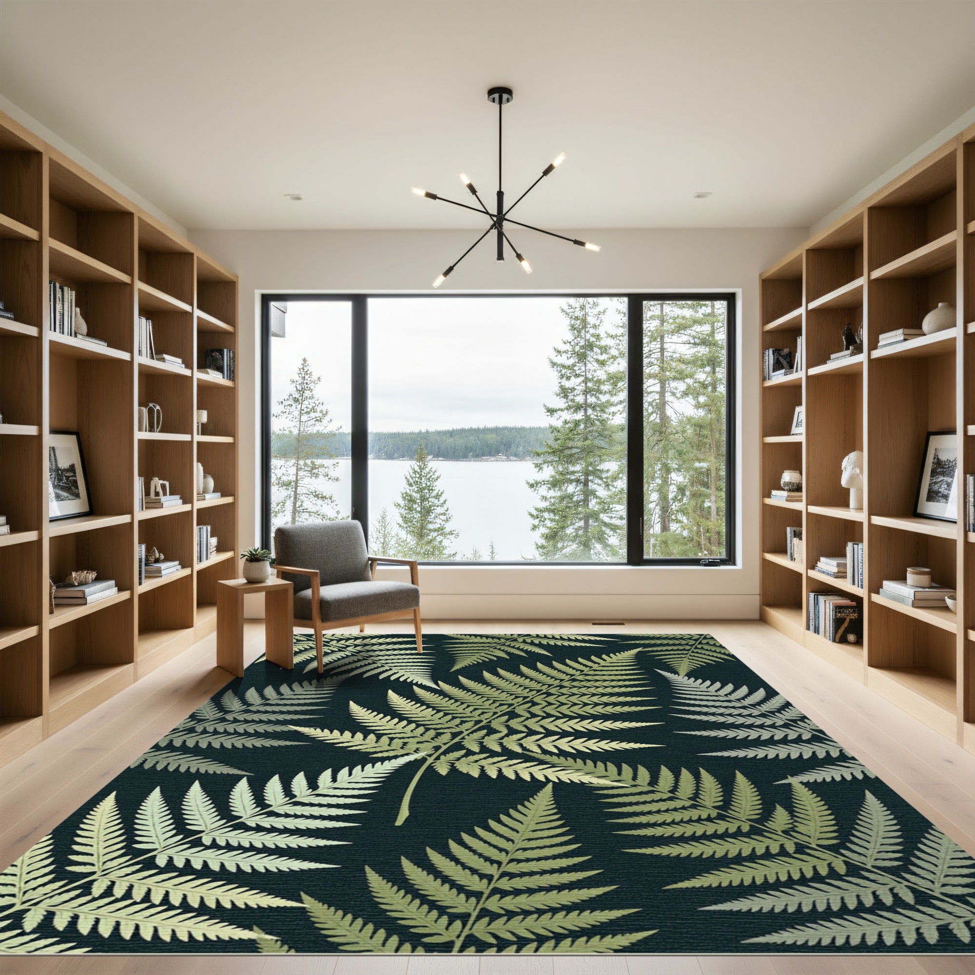 Golden Fern Foliage Dark Background Rug