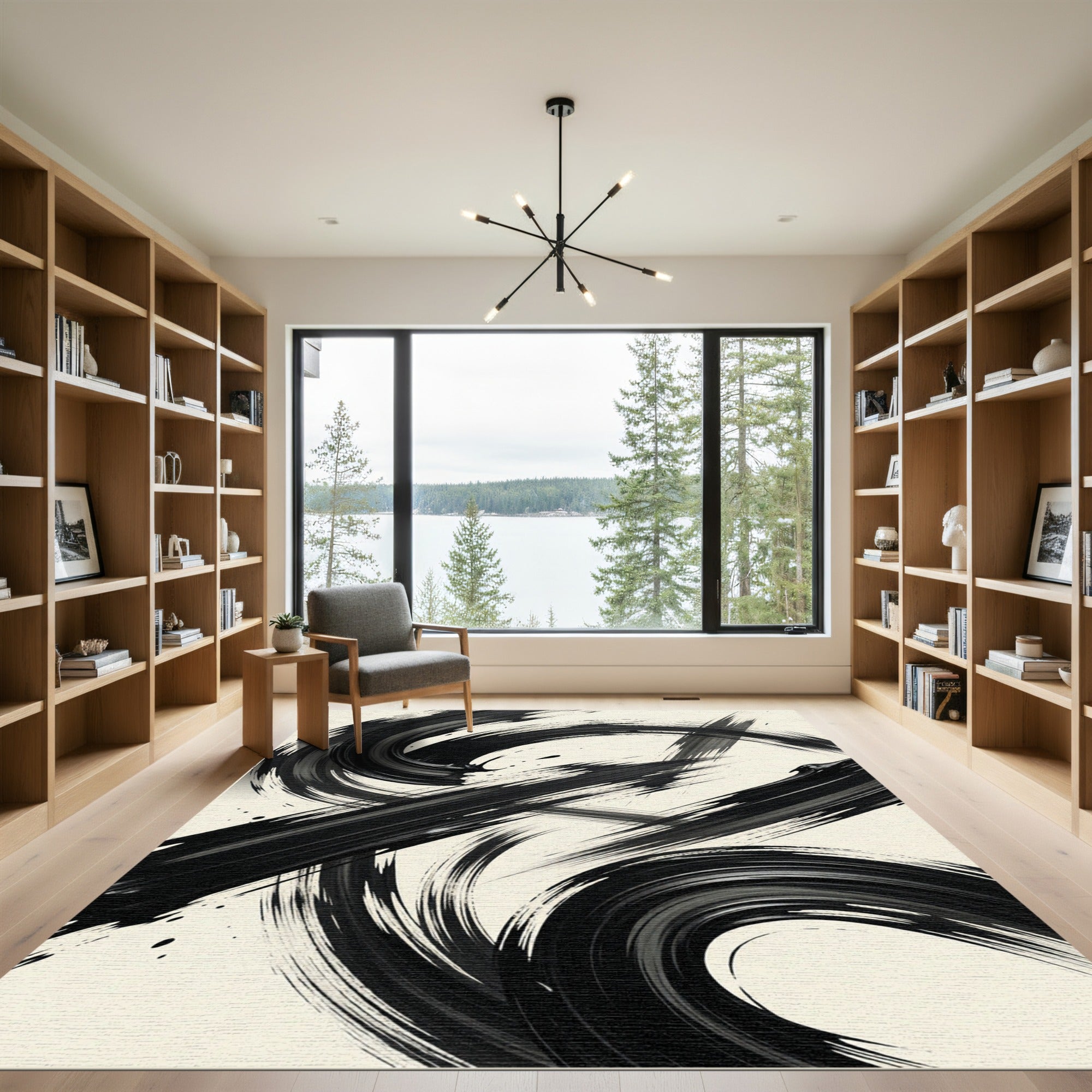 Bold Black Minimalist Ink Swirl Rug