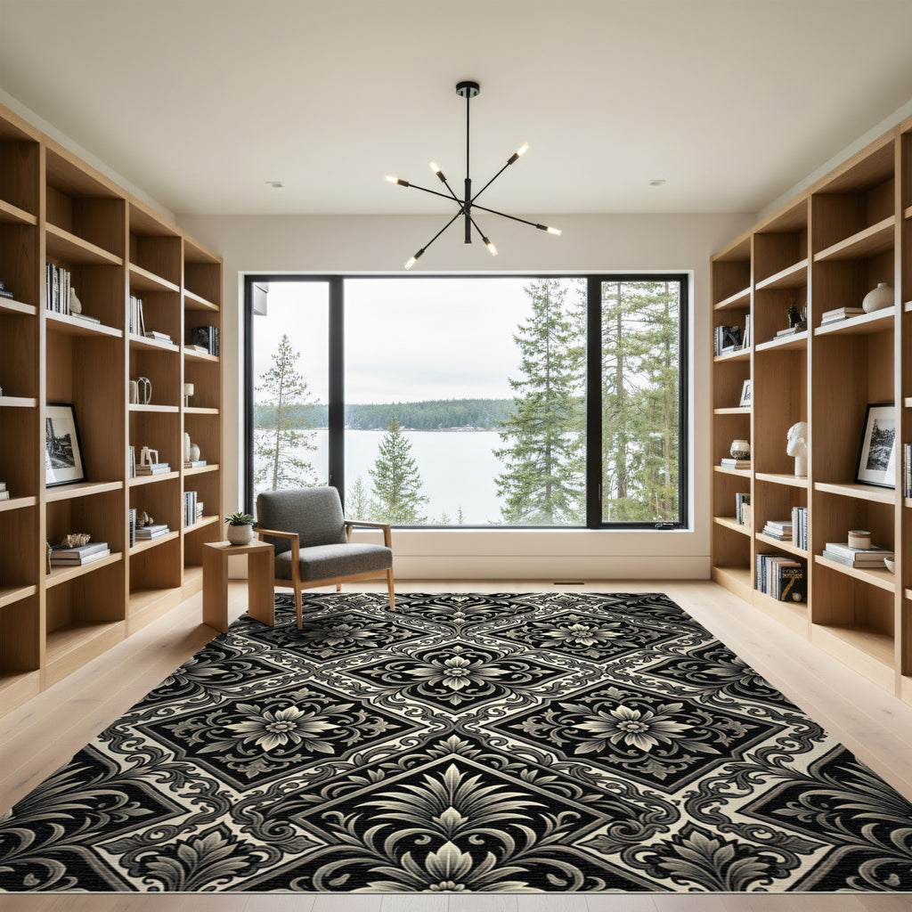 Antique Black and Cream Damask Rug