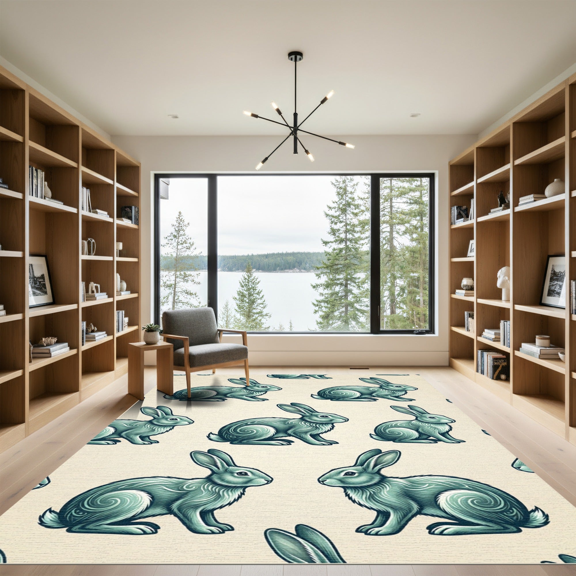 Sage Green Engraved Rabbit Folk Art Rug