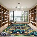 Teal Armored Triceratops Dinosaur Landscape Rug