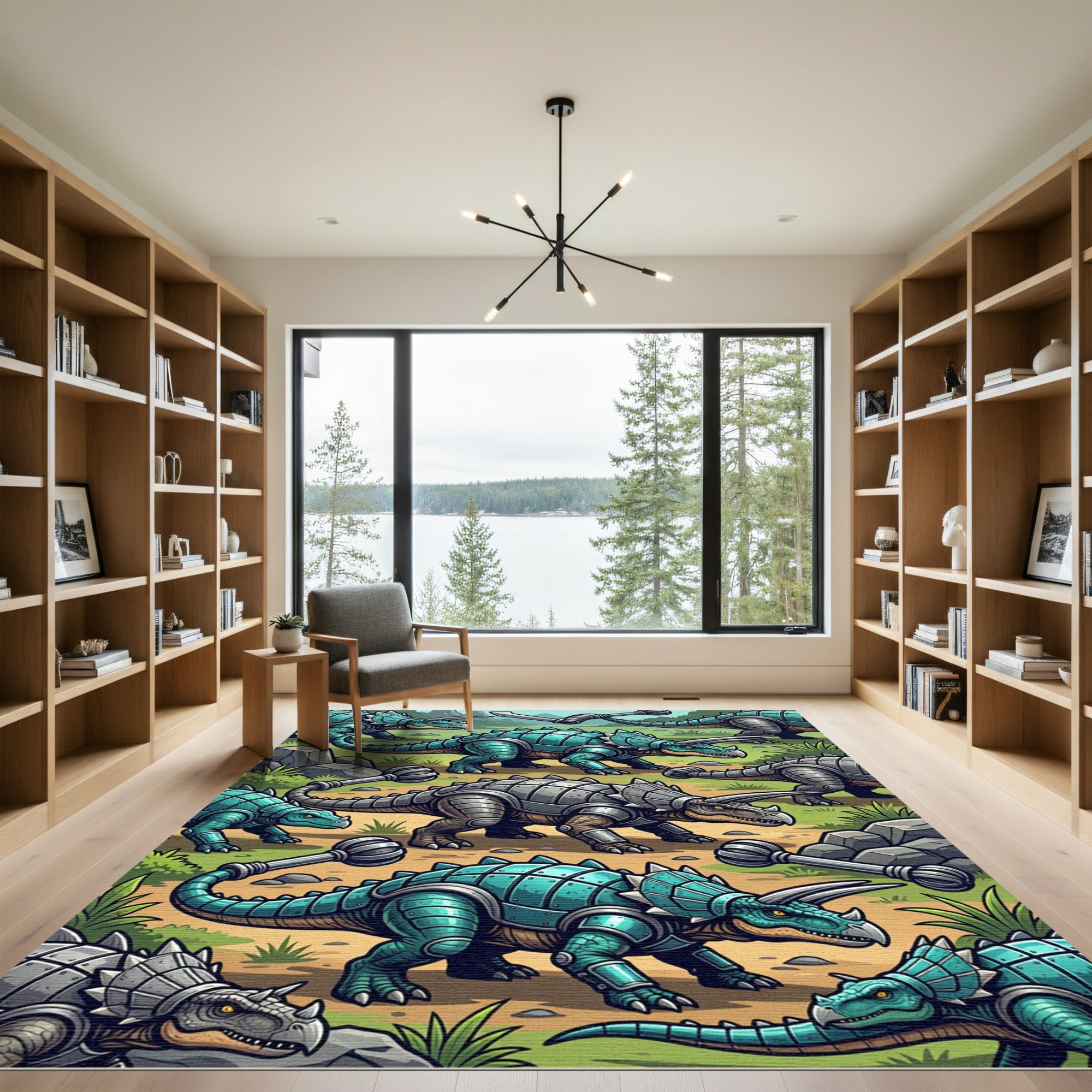 Teal Armored Triceratops Dinosaur Landscape Rug