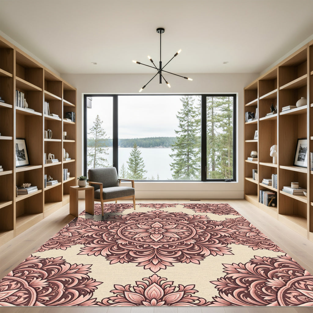Mauve Floral Scroll Mandala Rug