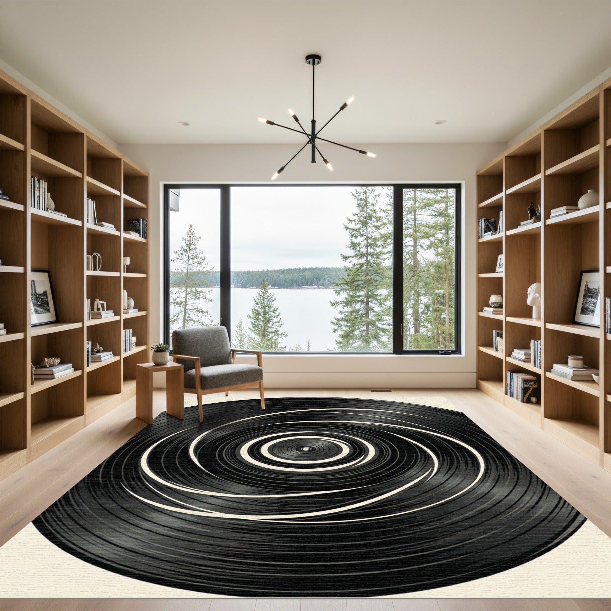 Minimalist Black and White Hypnotic Swirl Rug