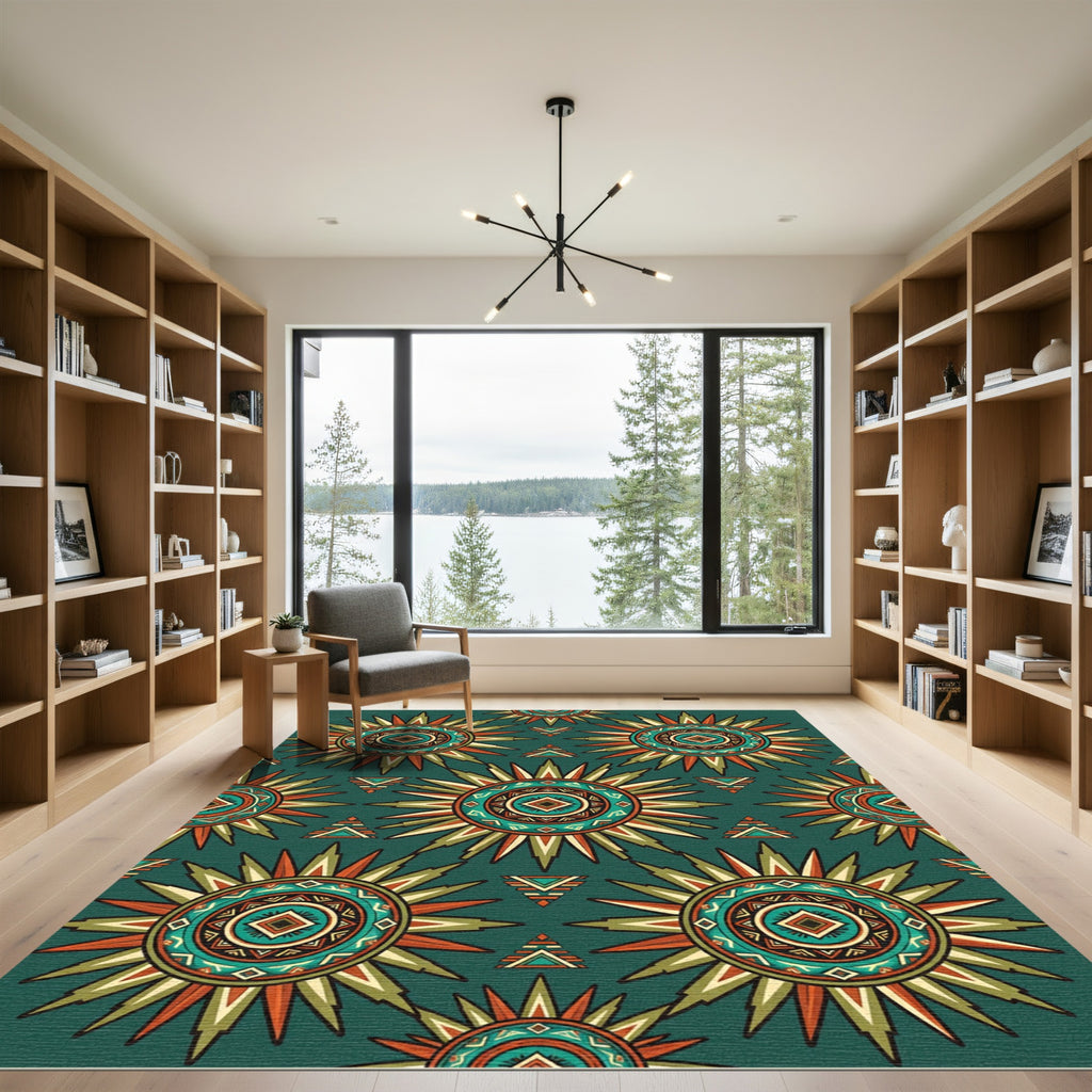 Teal Sunburst Geometric Earthy Medallion Rug