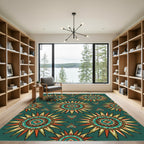 Teal Sunburst Geometric Earthy Medallion Rug