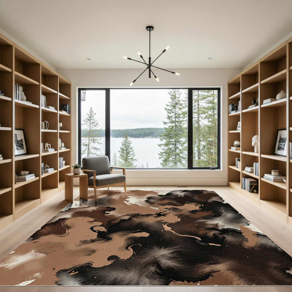 Earthy Brown Abstract Ink Swirl Rug