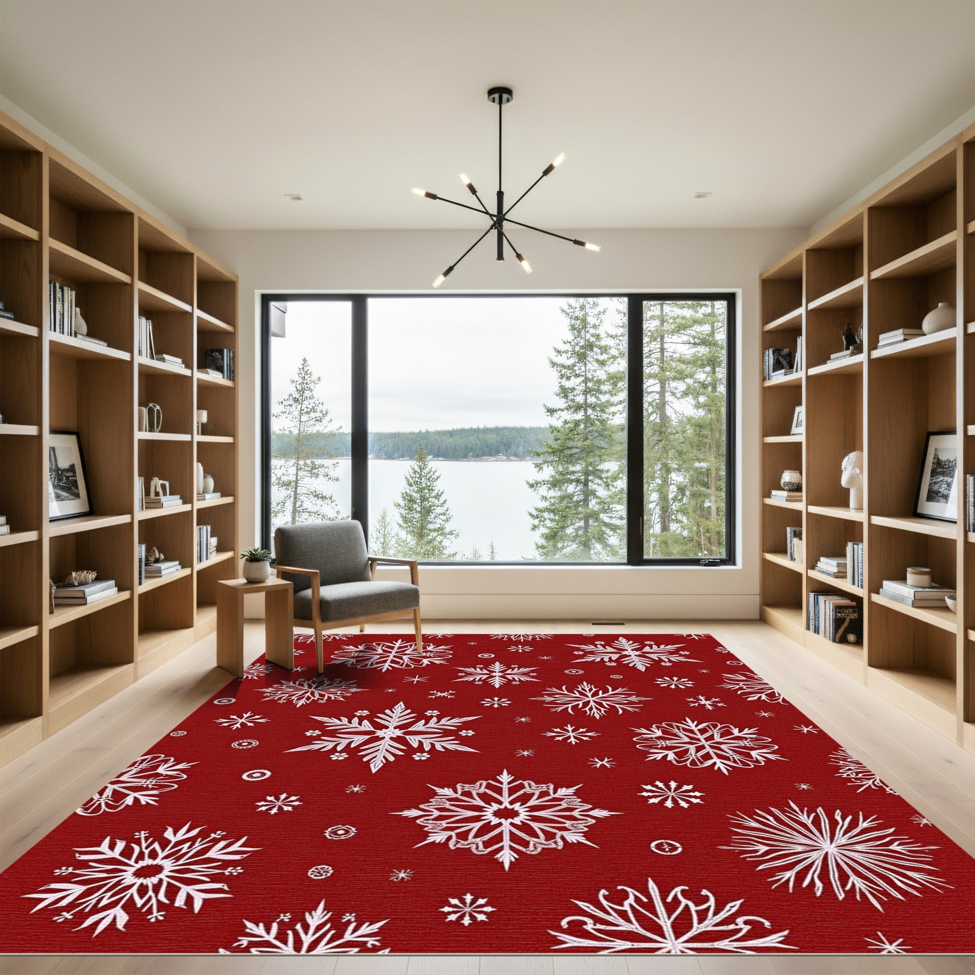 Crimson White Snowflake Collage Rug