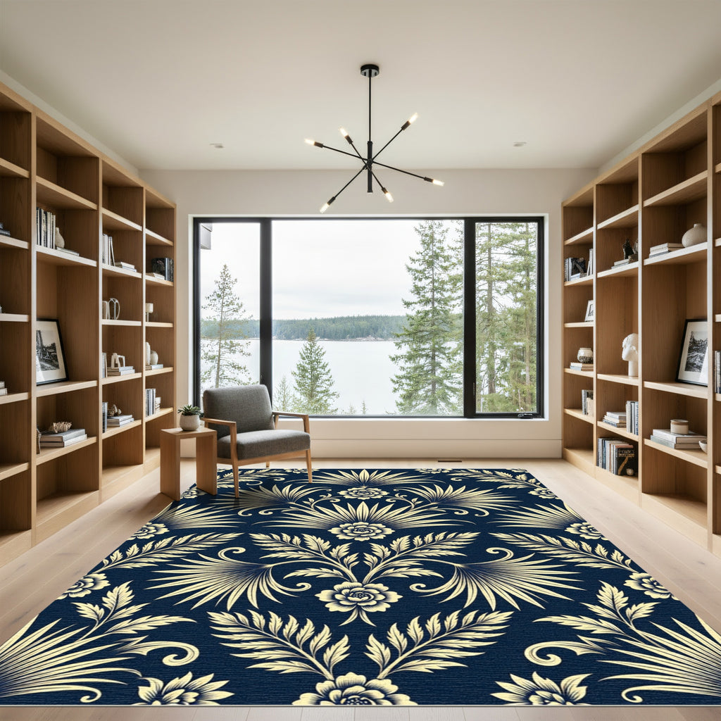 Elegant Navy and Cream Botanical Damask Rug