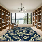 Elegant Navy and Cream Botanical Damask Rug