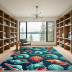 Vibrant Teal and Coral Seashell Ocean Rug
