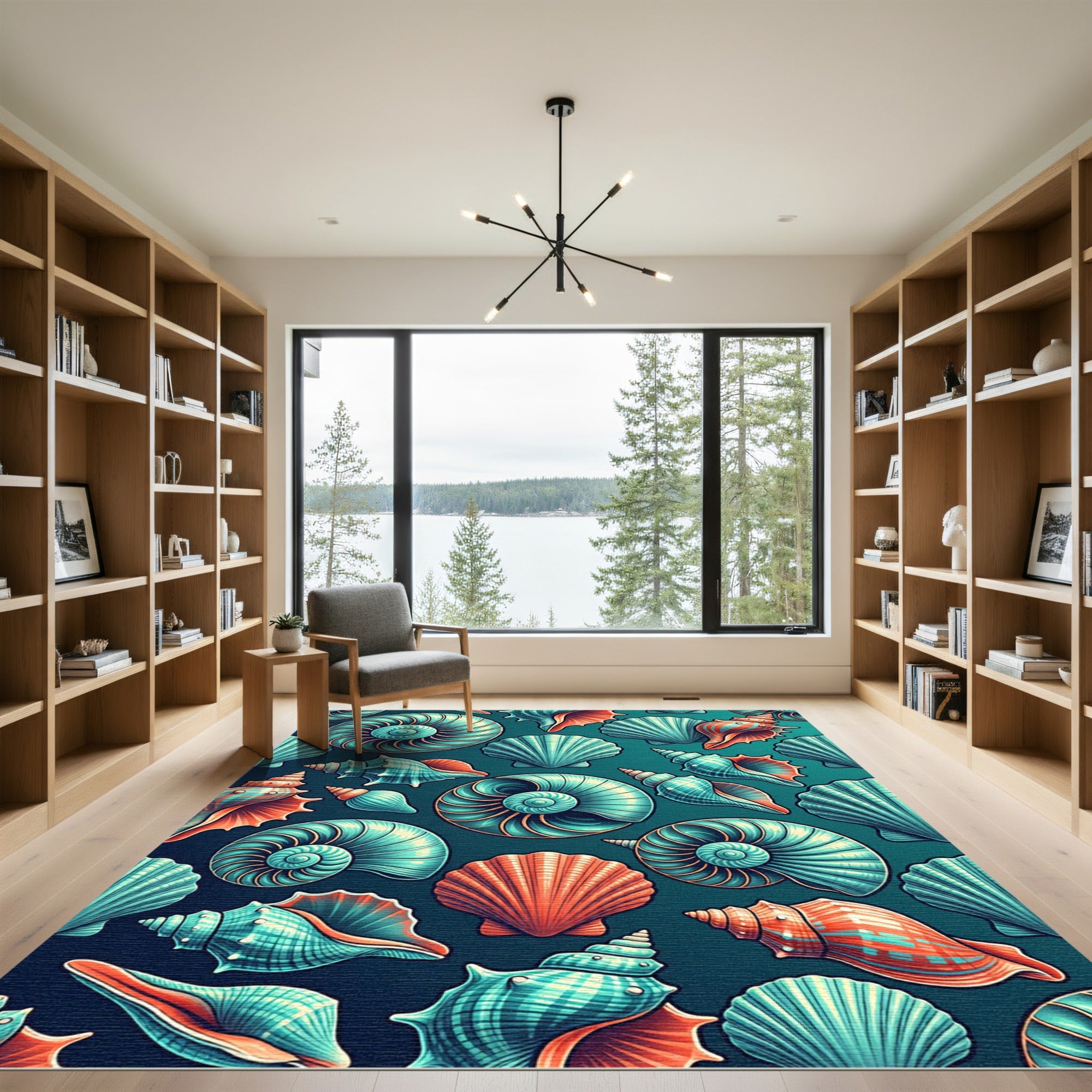 Vibrant Teal and Coral Seashell Ocean Rug