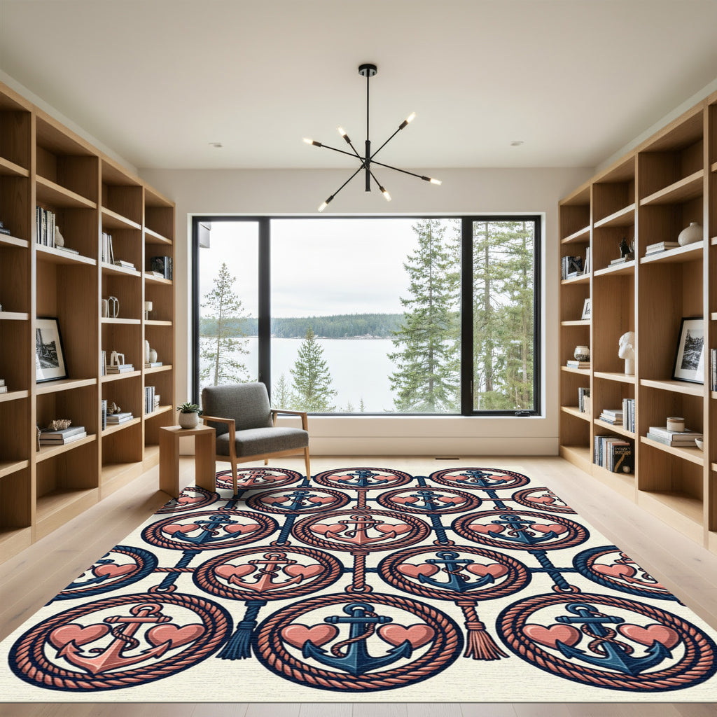 Nautical Anchor Heart Rope Circles Rug