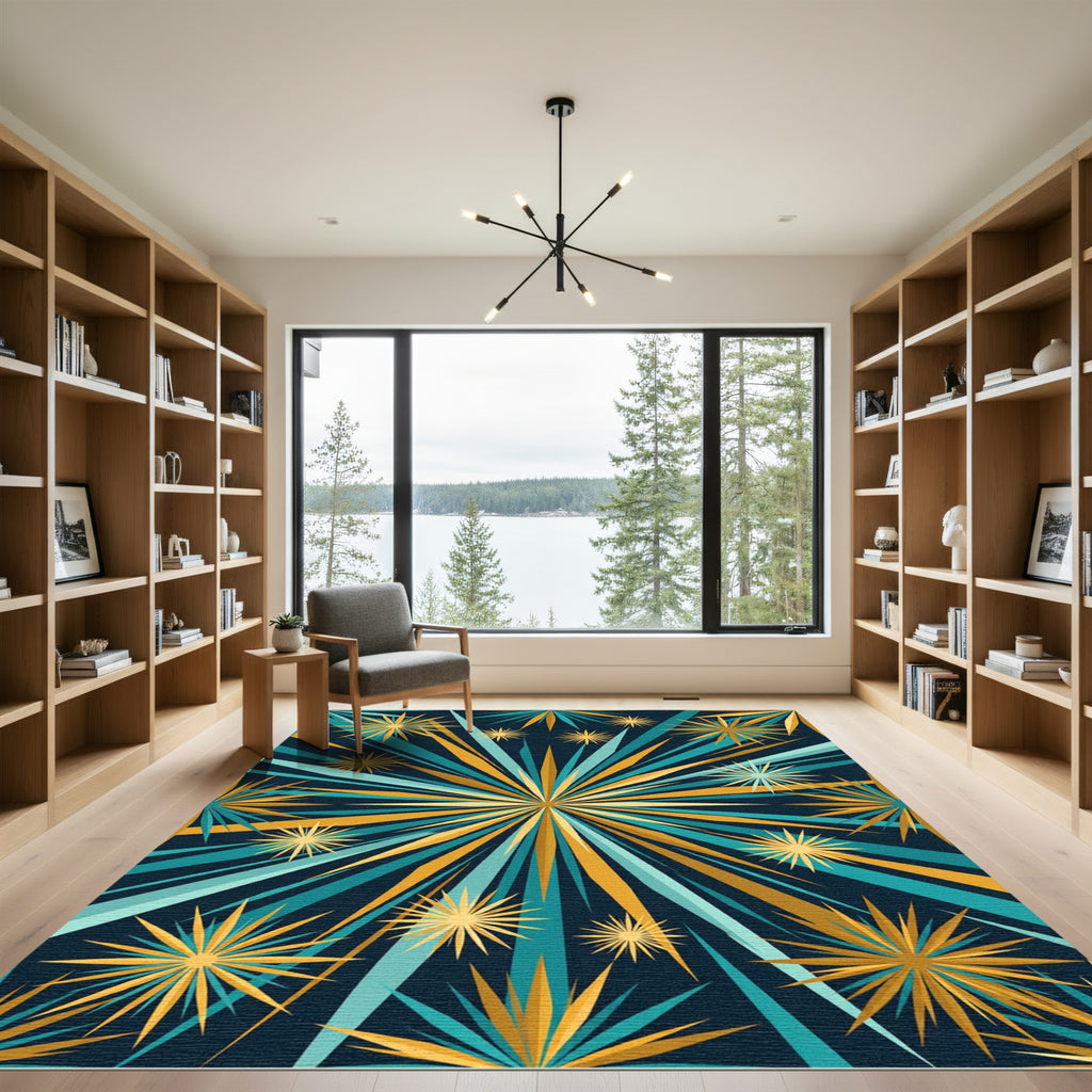 Radiant Teal Gold Sunburst Rug