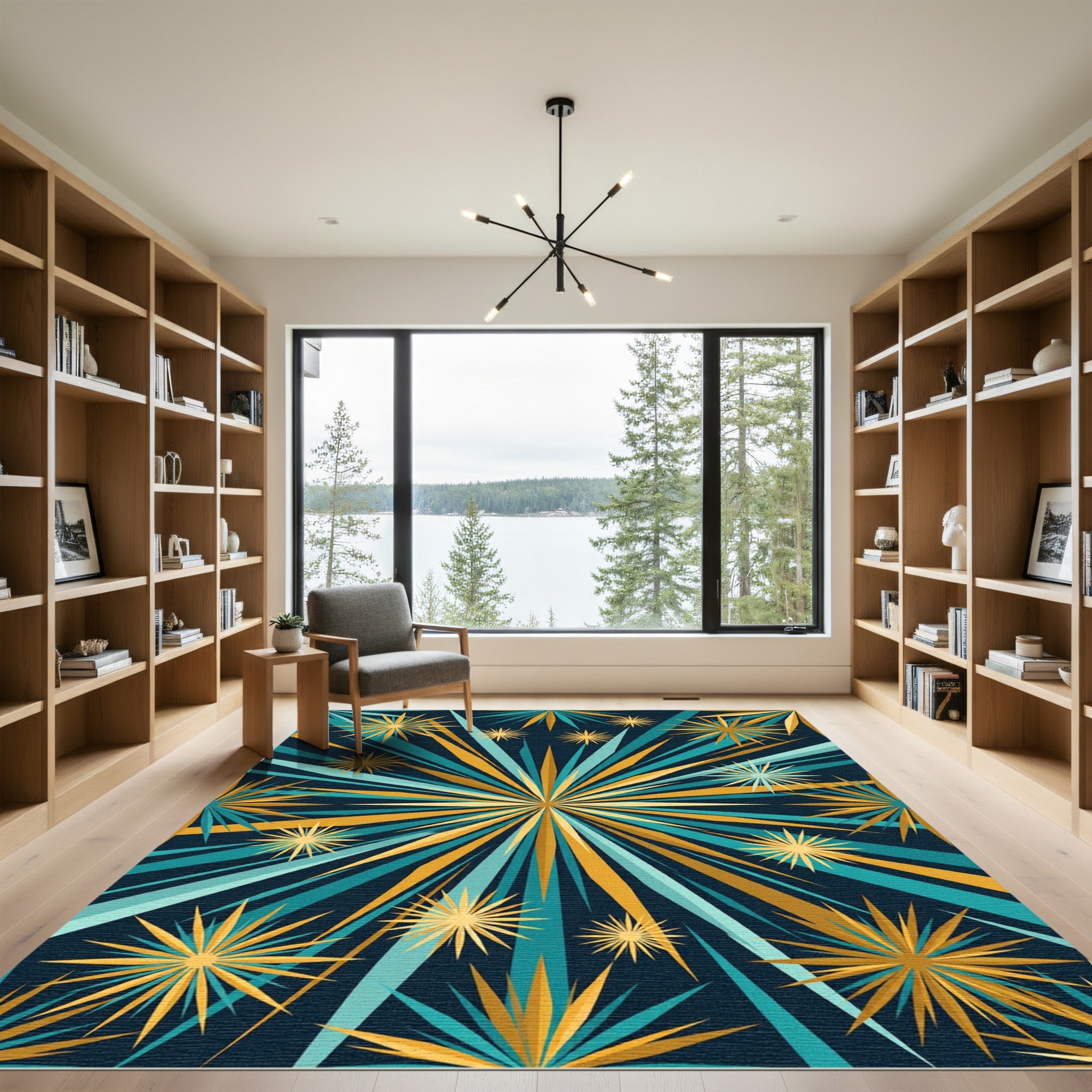 Radiant Teal Gold Sunburst Rug