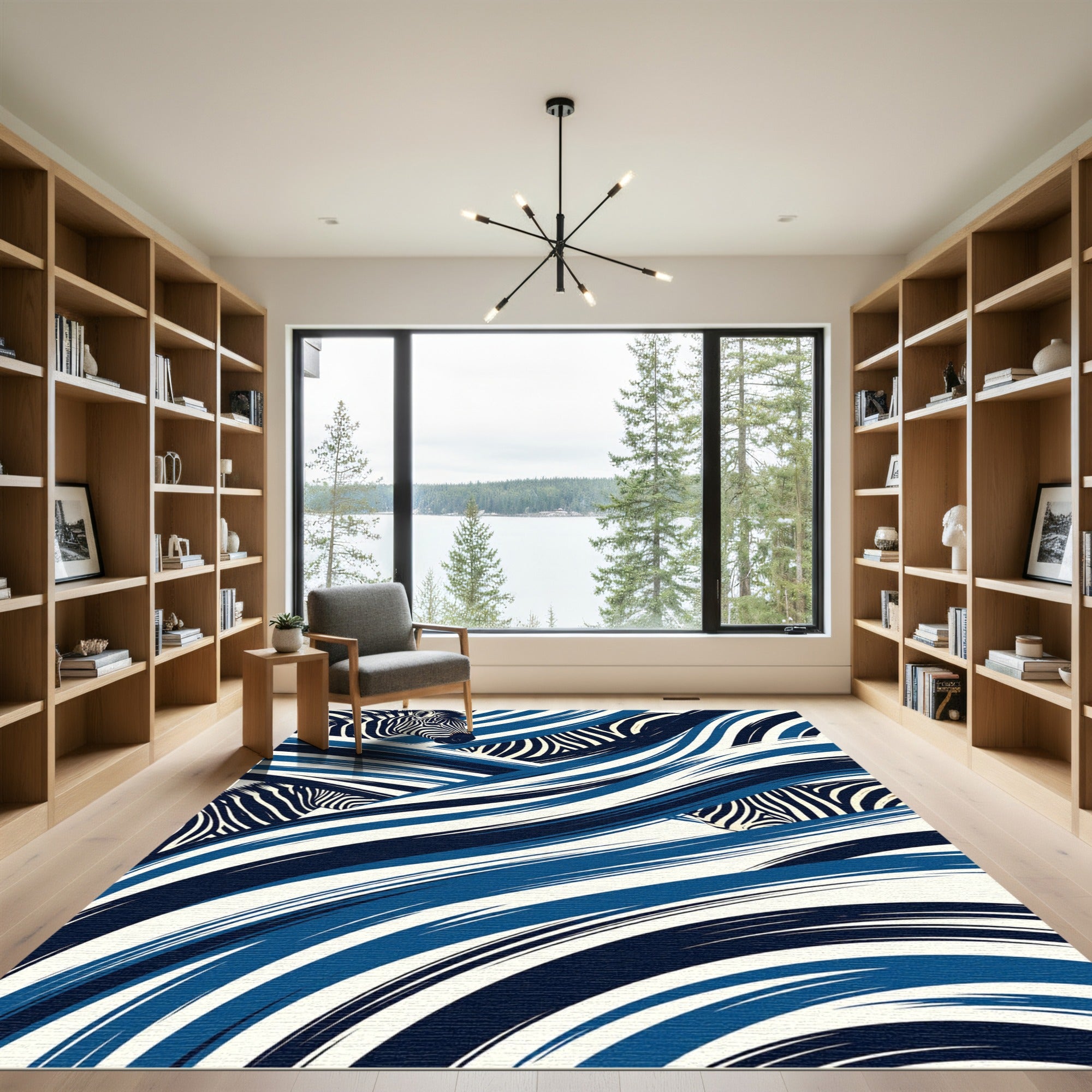 Dynamic Blue Zebra Stripe Swirl Rug