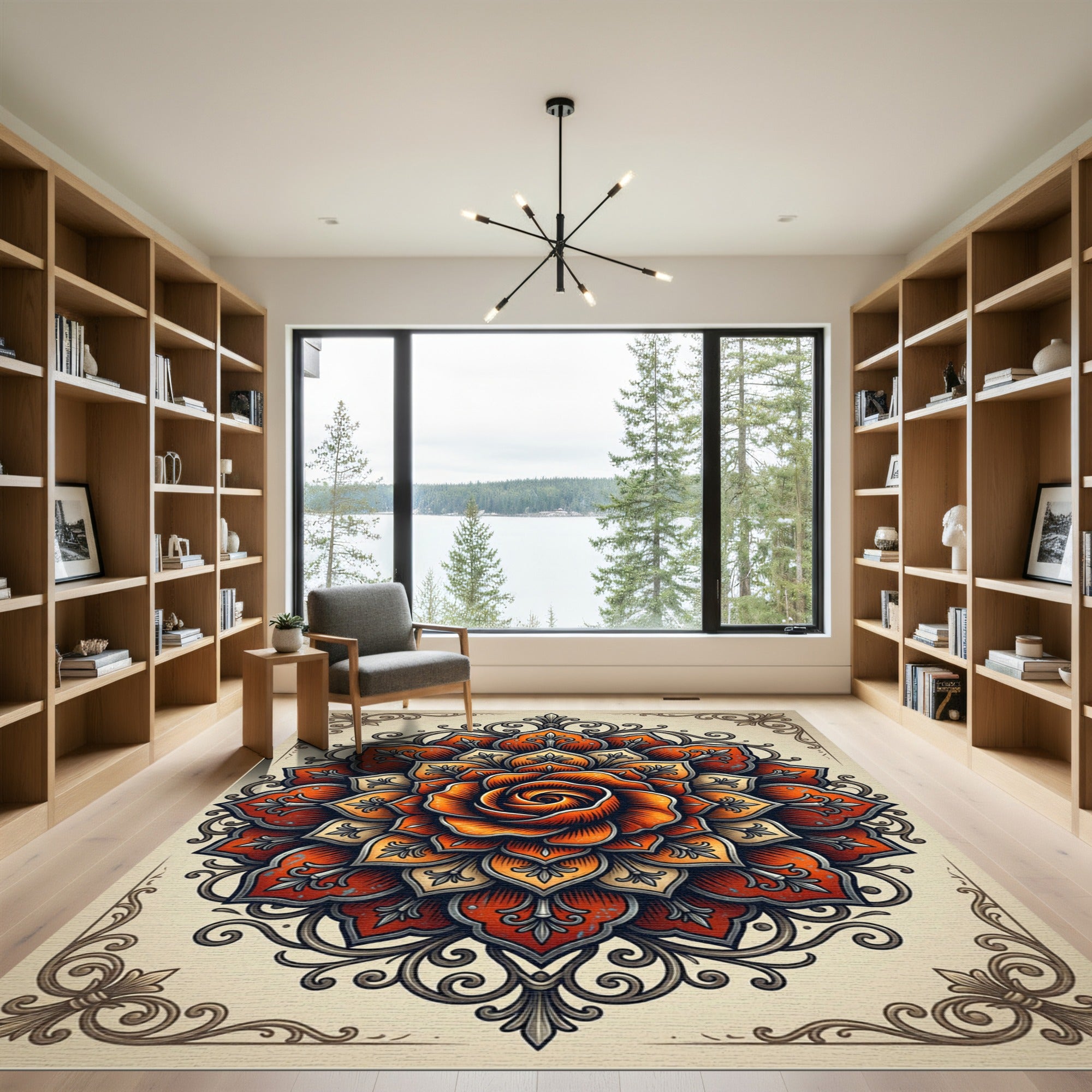 Ornate Tangerine Rose Mandala Medallion Rug