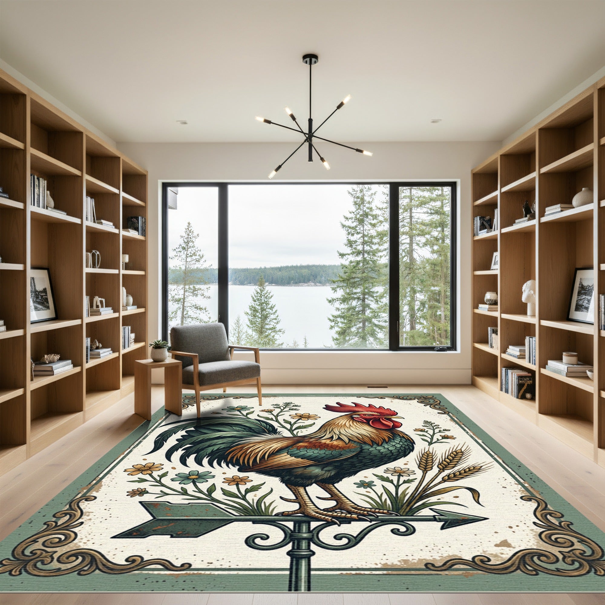 Rustic Farmhouse Rooster Floral Meadow Rug