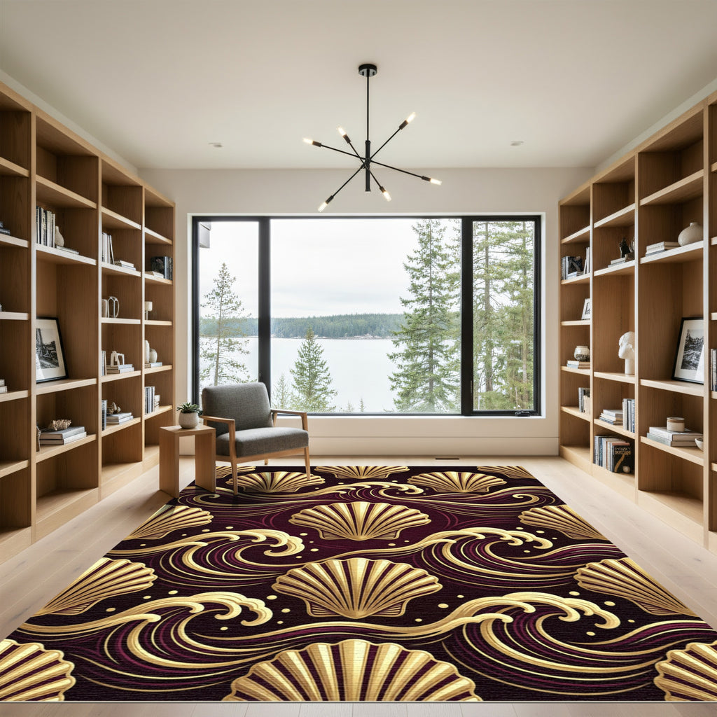Art Deco Gold Shell and Wave Rug