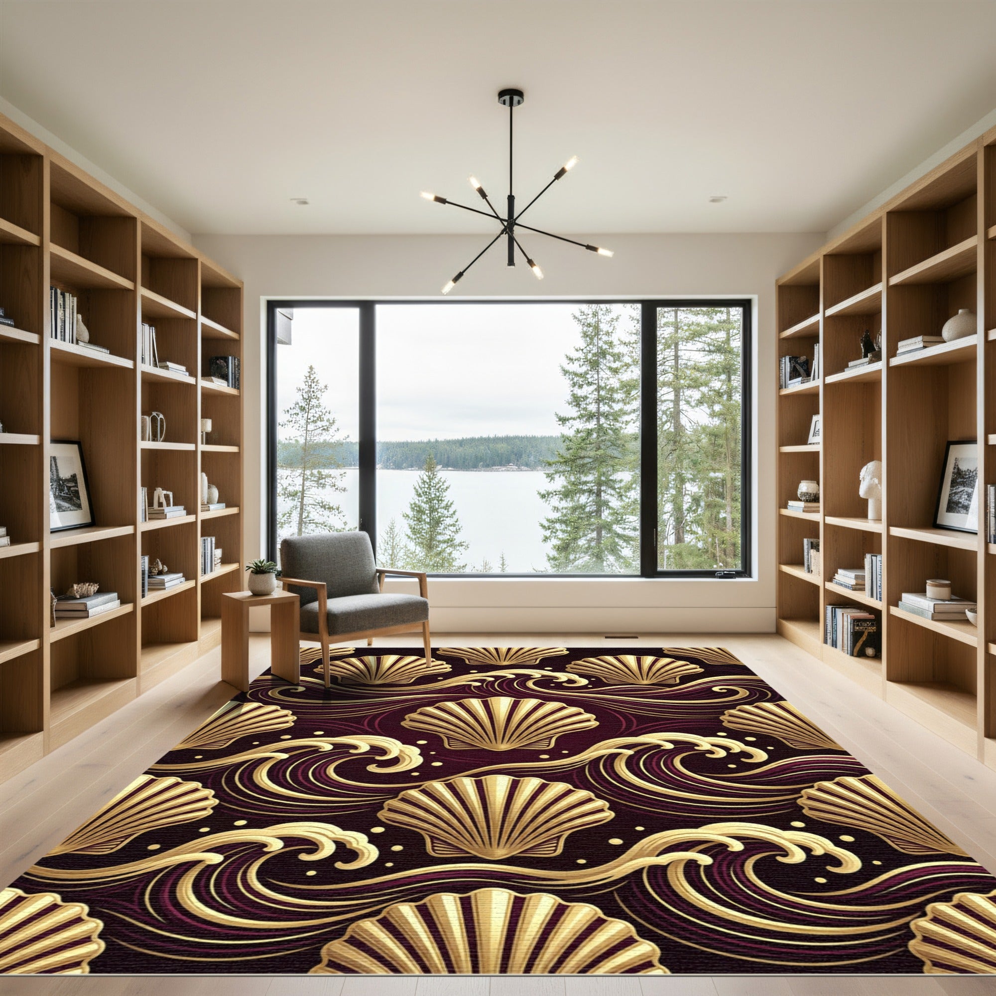 Art Deco Gold Shell and Wave Rug