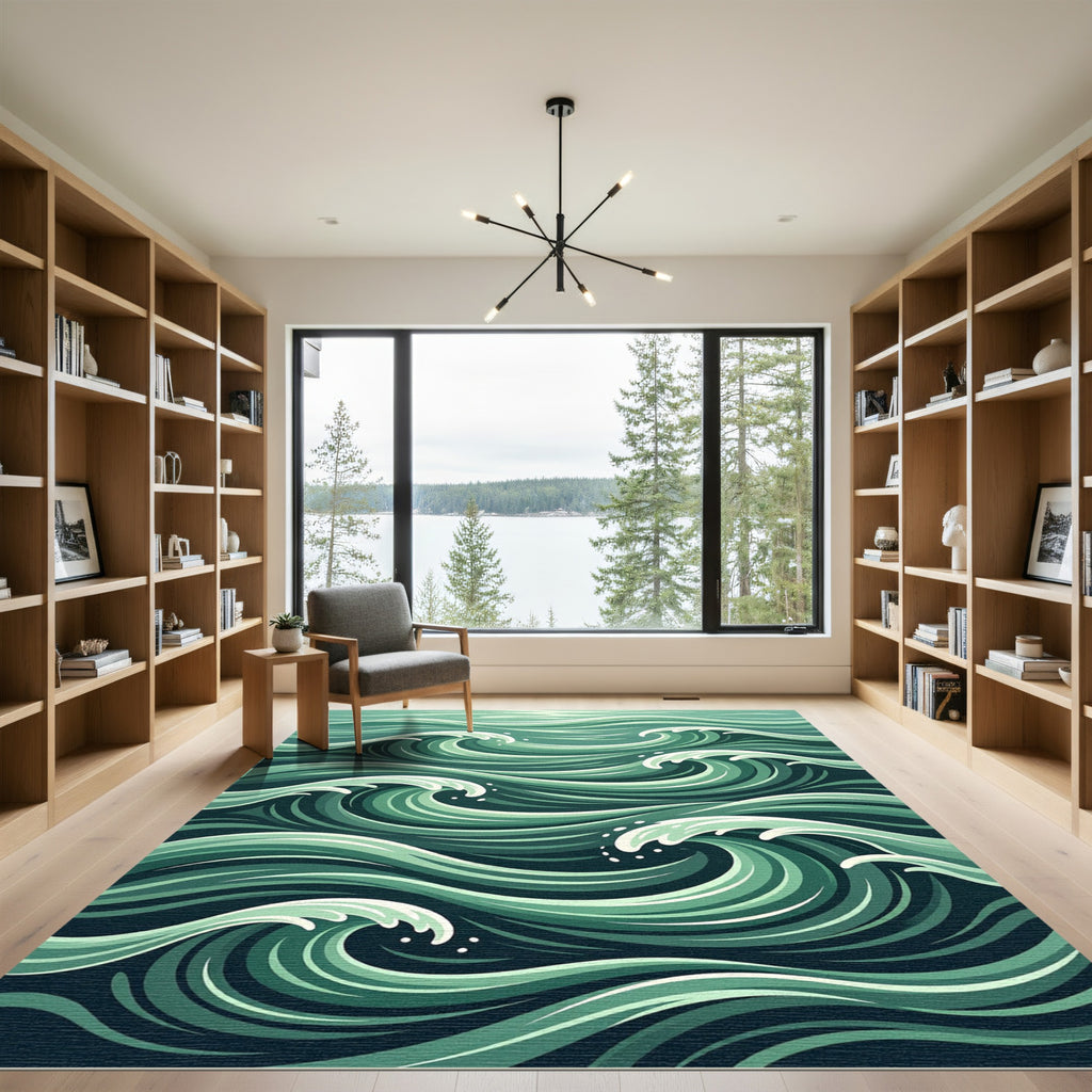 Serene Oceanic Mint Teal Wave Curve Rug