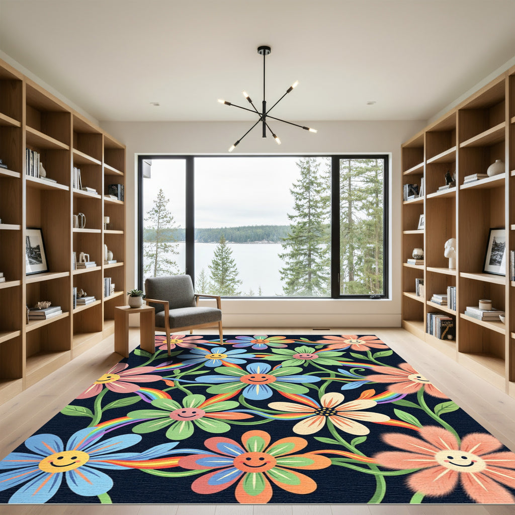 Whimsical Rainbow Happy Flower Meadow Rug