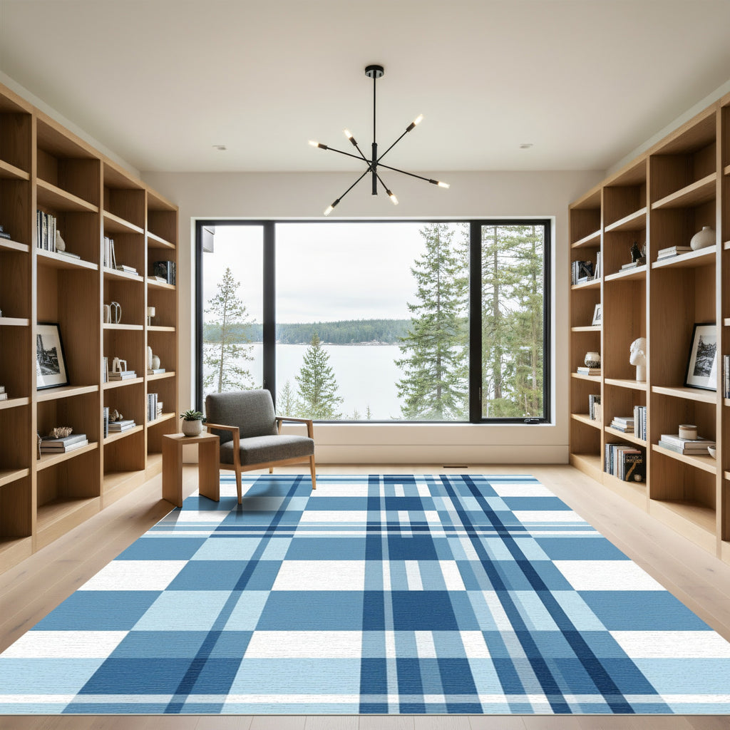Classic Blue Grid Plaid Check Rug