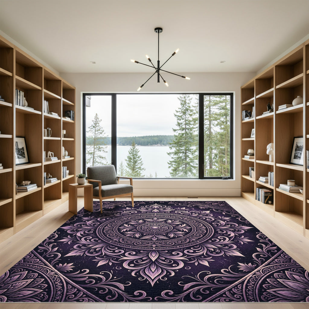 Ornate Purple Floral Damask Medallion Rug
