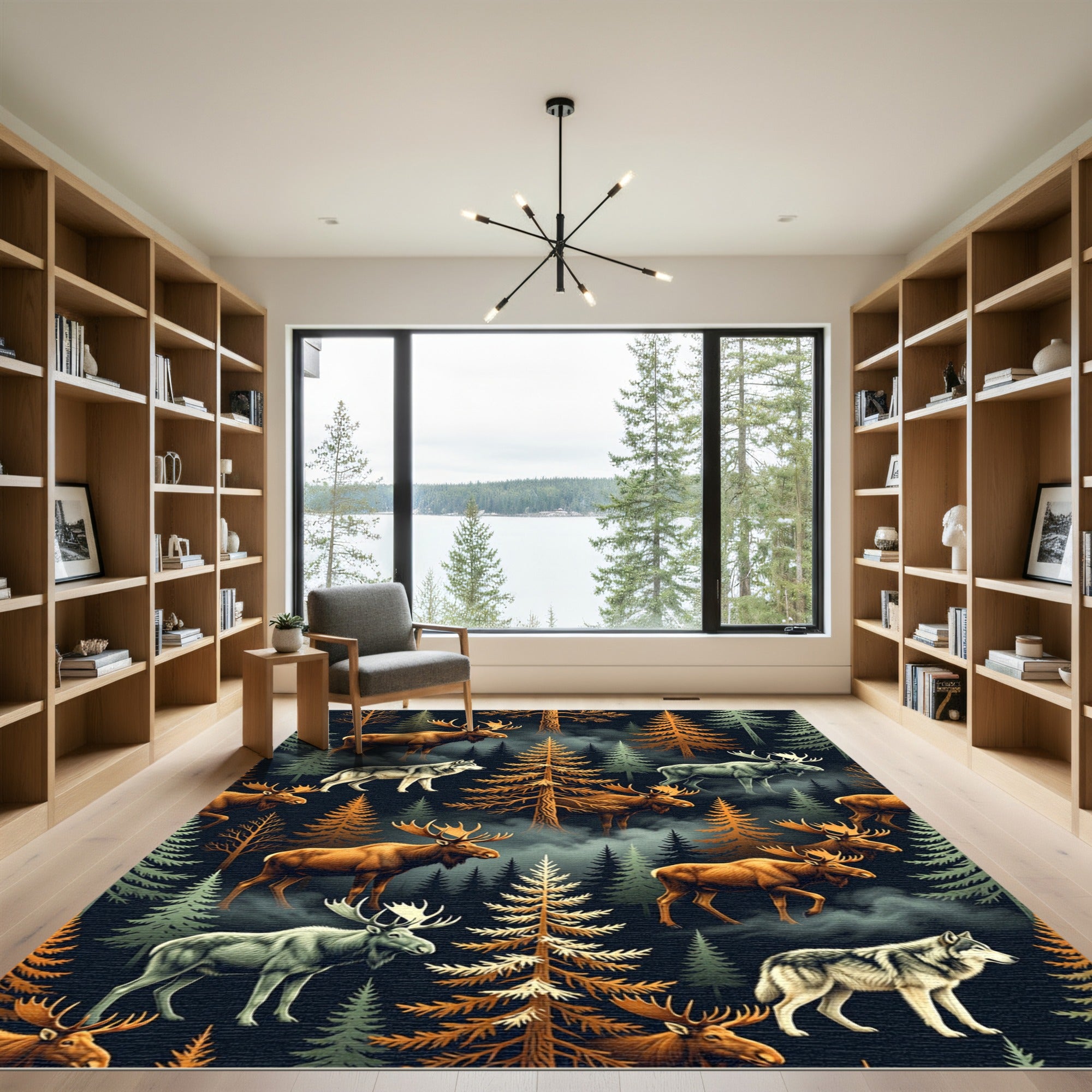 Moody Forest Moose and Wolf Wilderness Rug