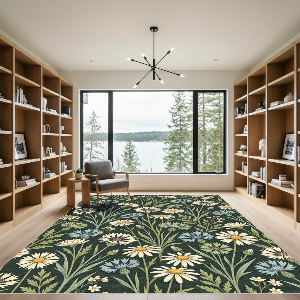 Botanical Meadow Wildflower Dark Green Rug