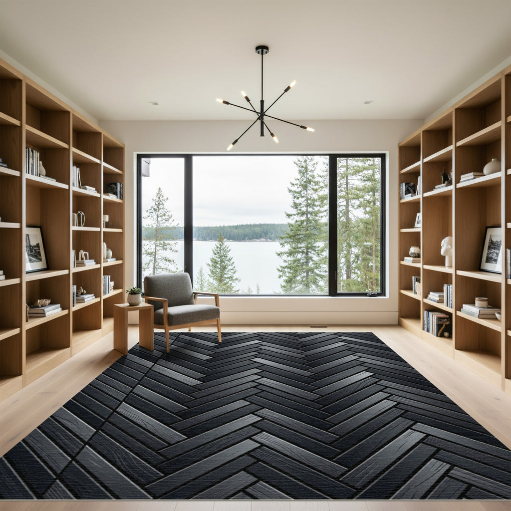 Charcoal Herringbone Wood Grain Texture Rug