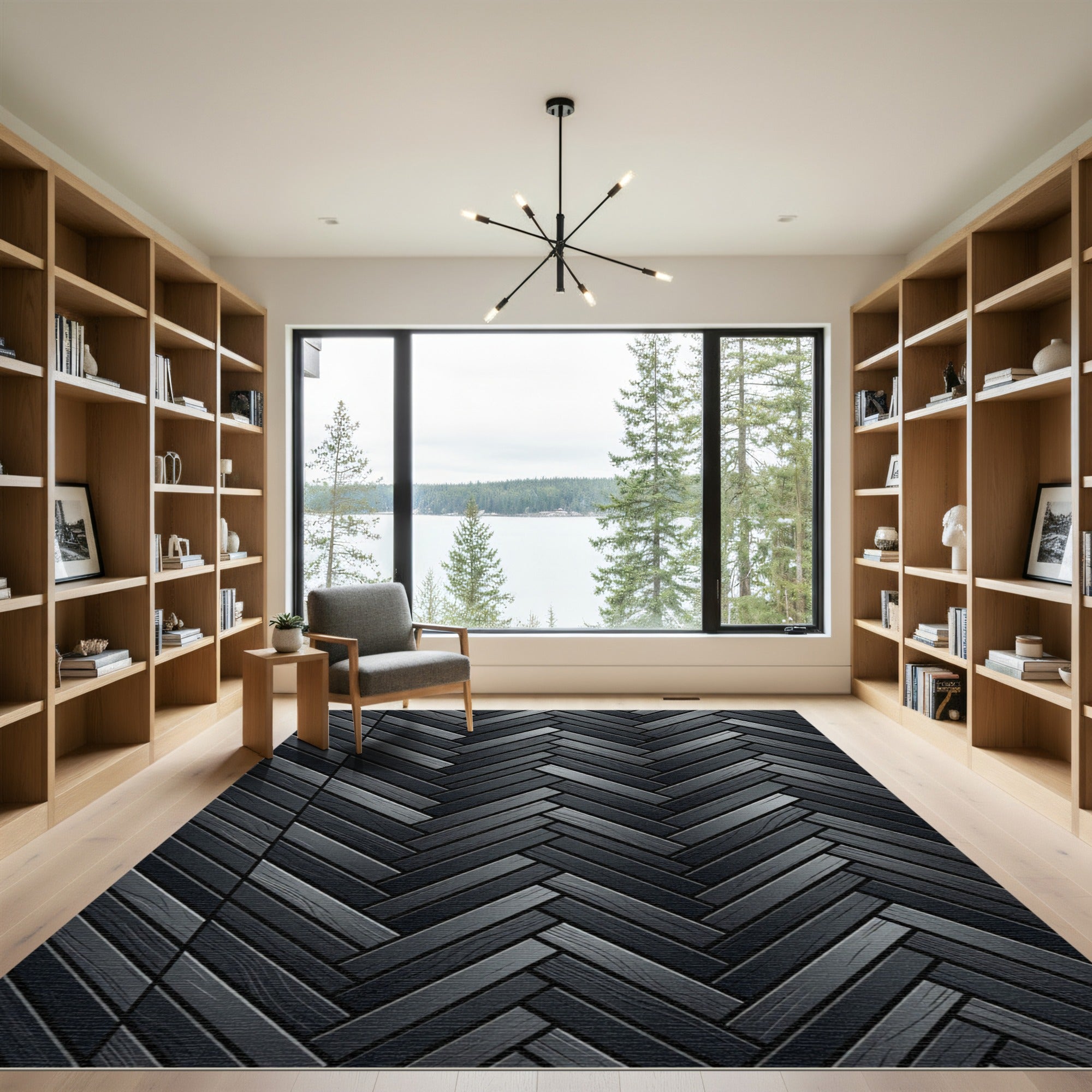 Charcoal Herringbone Wood Grain Texture Rug