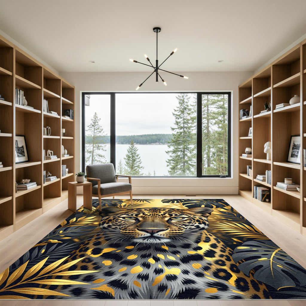 Golden Leopard with Black Tropical Foliage Rug