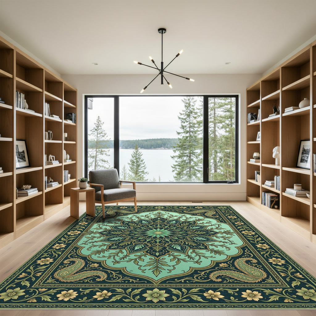Emerald Green Paisley Floral Medallion Rug