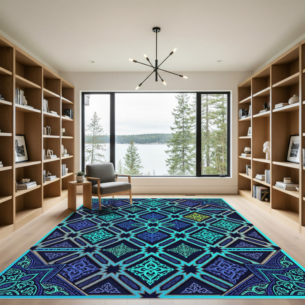 Luminous Teal Geometric Star Medallion Rug