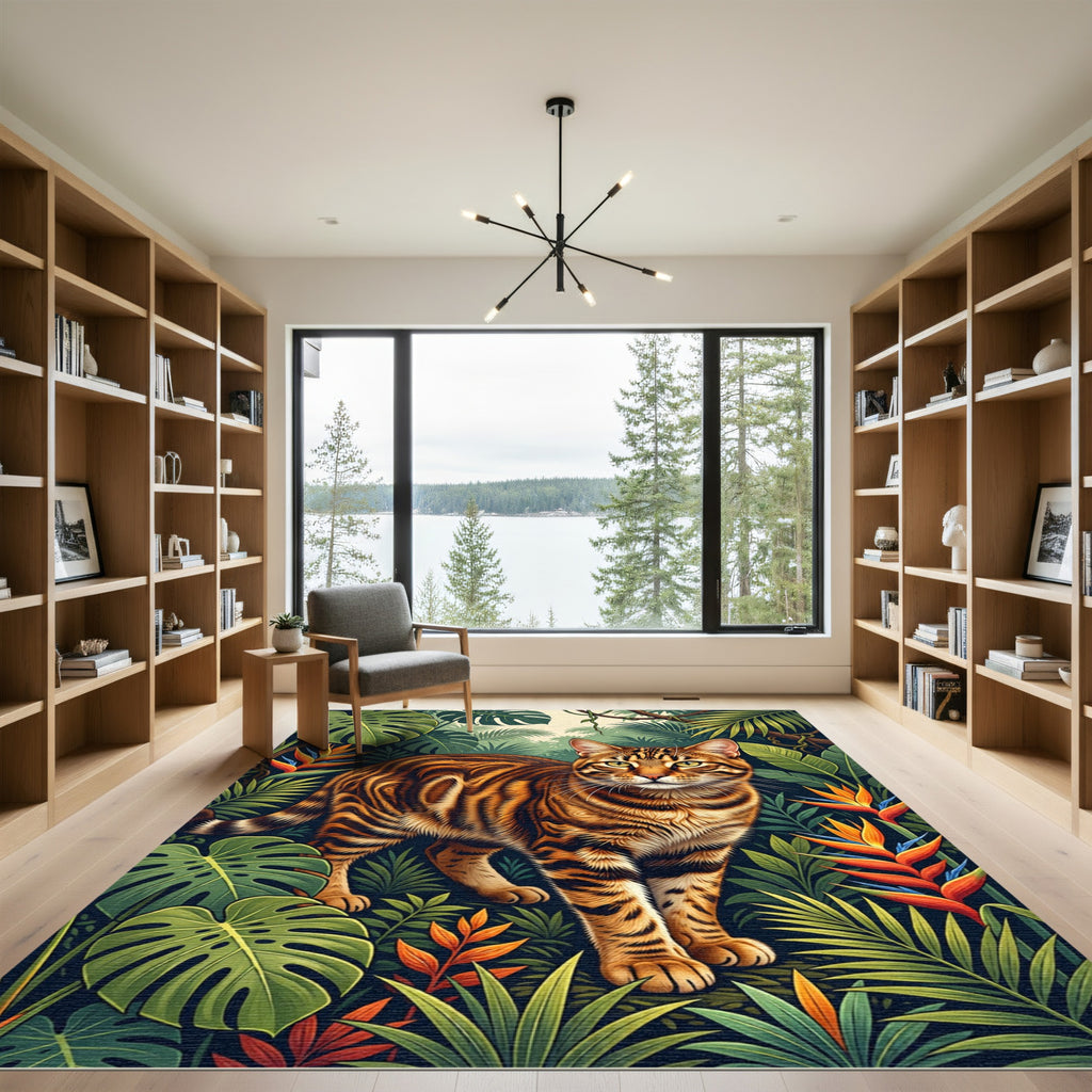 Lush Tropical Bengal Cat Jungle Art Rug