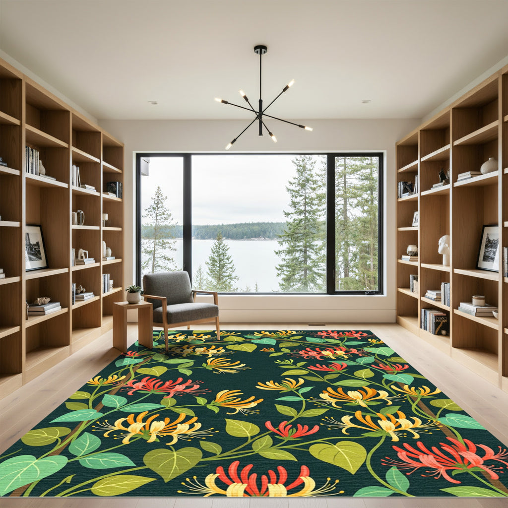 Vibrant Coral Yellow Honeysuckle Vine Rug