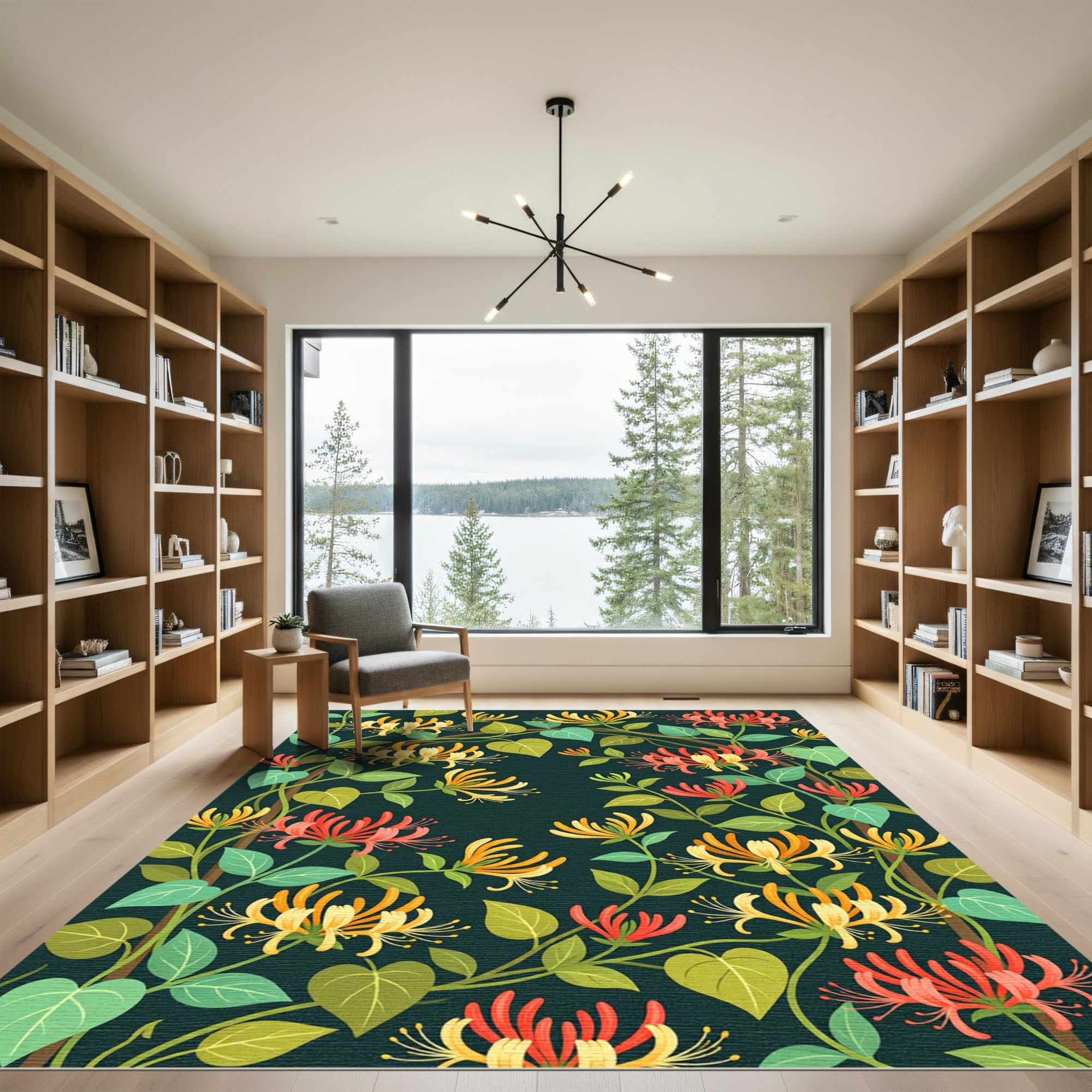 Vibrant Coral Yellow Honeysuckle Vine Rug