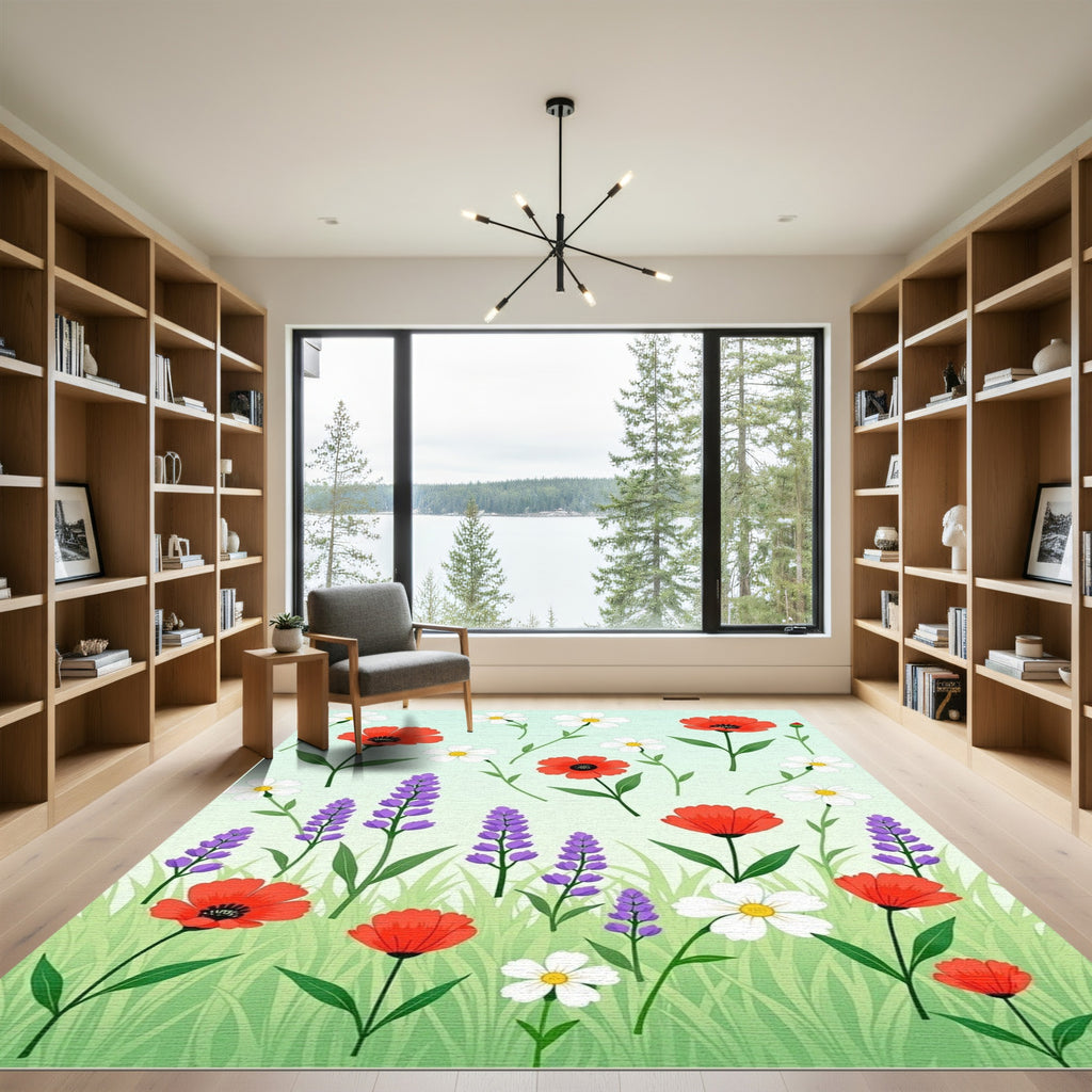 Whimsical Red Poppy Lavender Garden Rug
