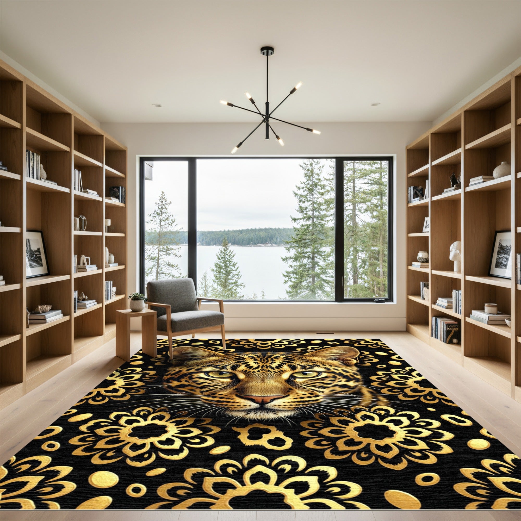 Golden Leopard Black Floral Medallion Rug