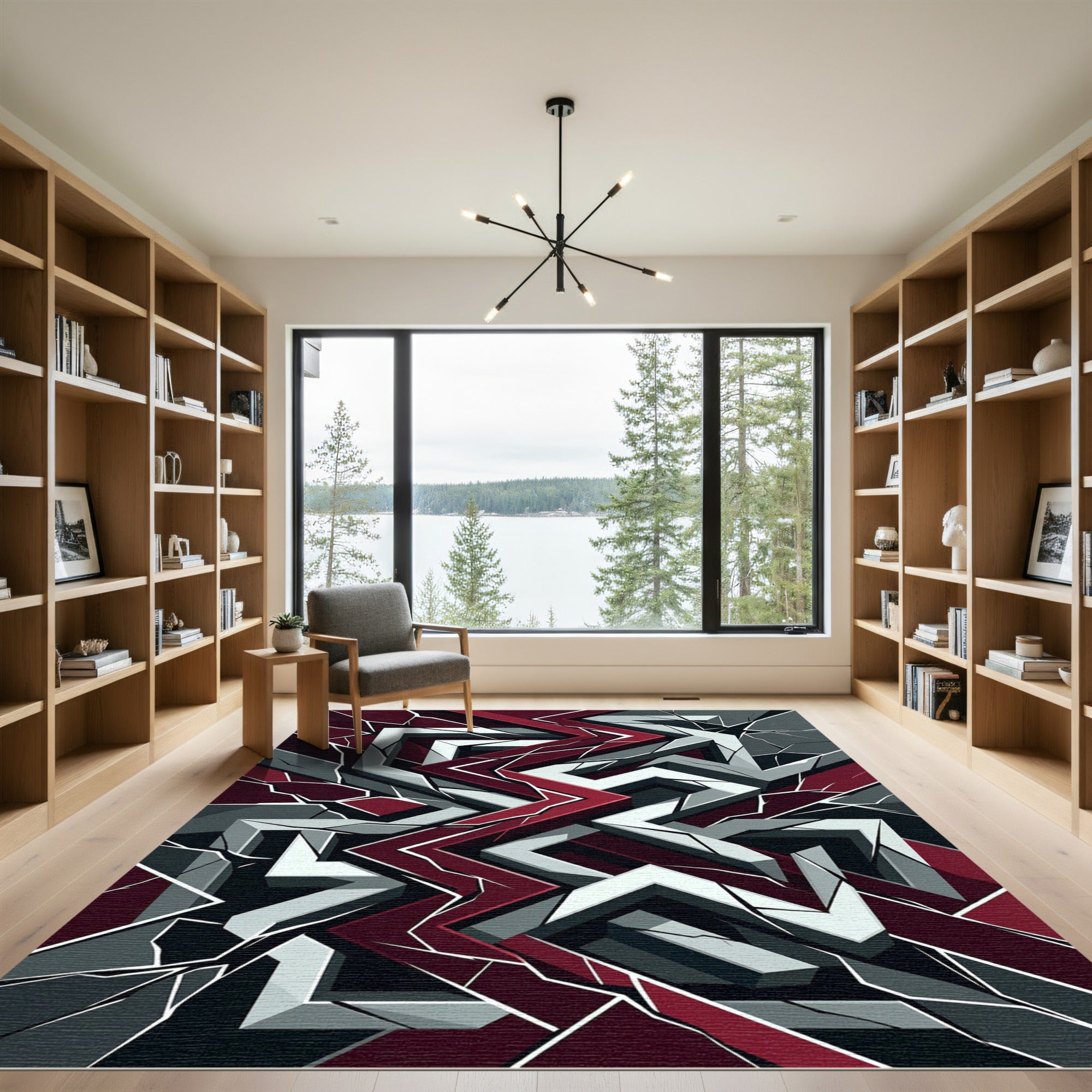 Crimson and Slate Abstract Fractured Geometric Rug