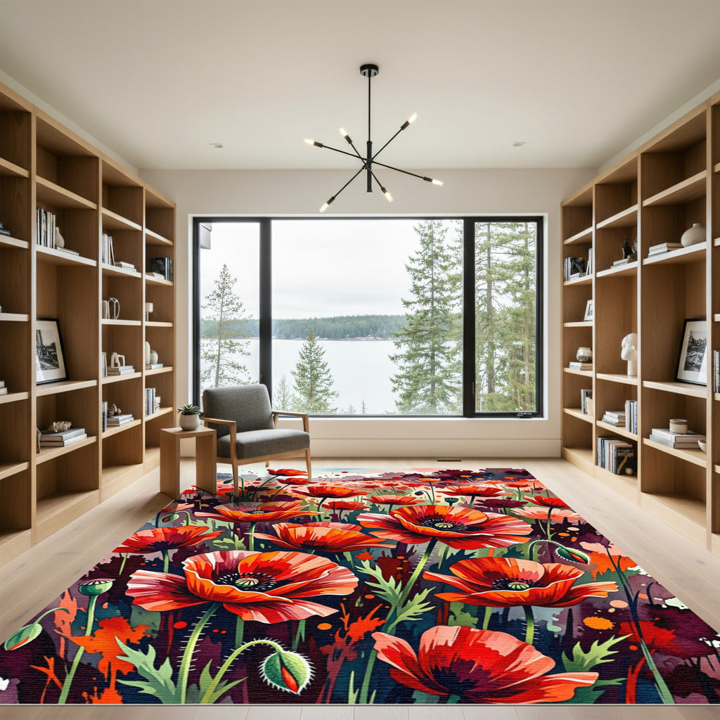 Vibrant Watercolor Red Poppy Field Rug